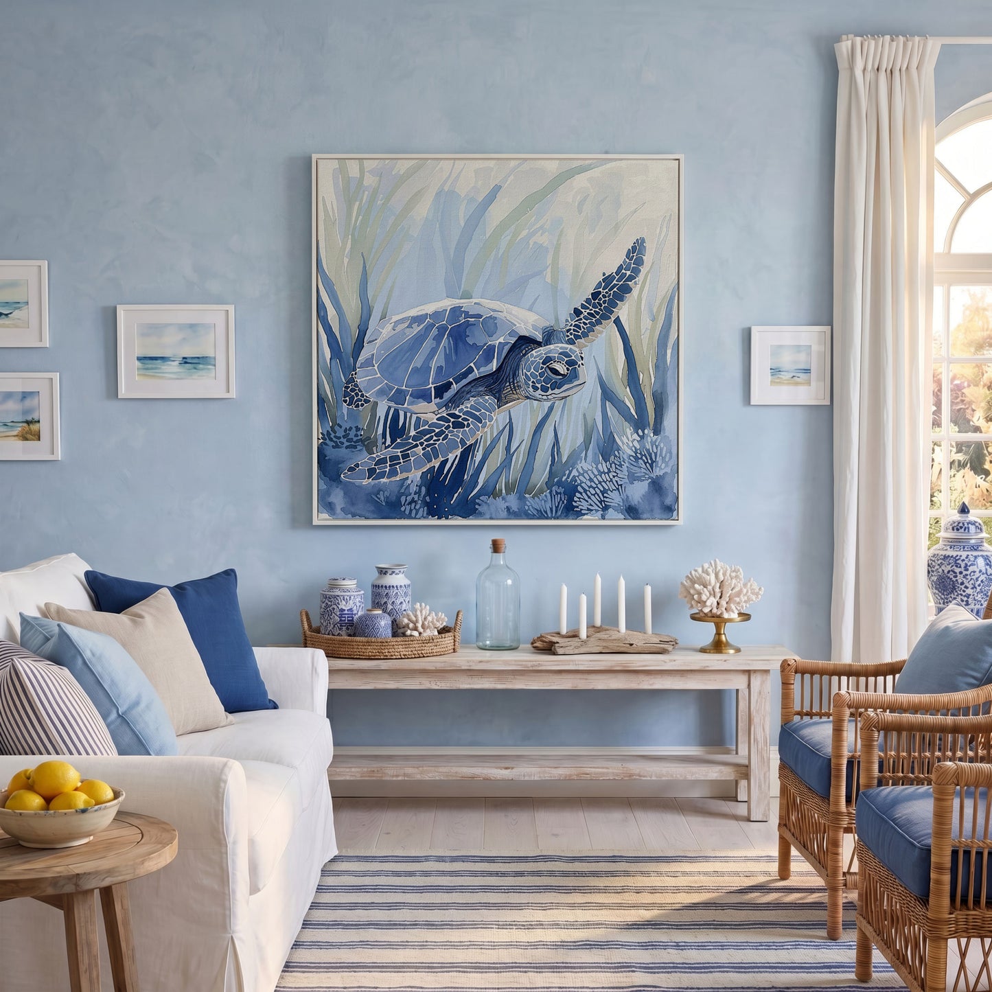 Sea Turtle Canvas Print in Blue Tones in white floating frame