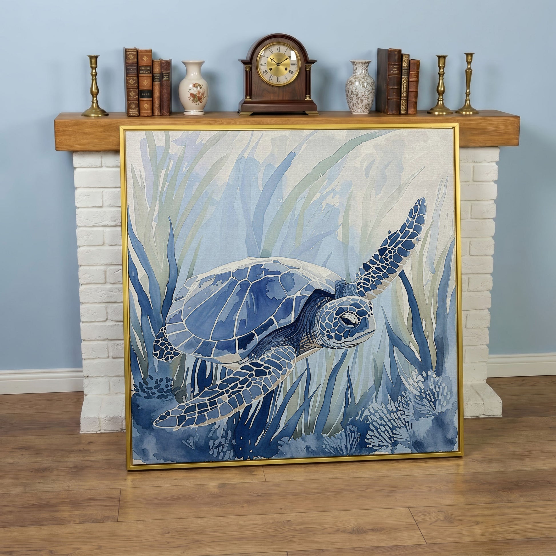 Sea Turtle Canvas Print in Blue Tones in yellow gold floating frame