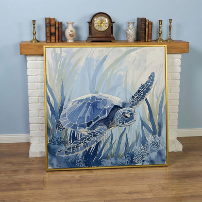 Sea Turtle Canvas Print in Blue Tones in yellow gold floating frame