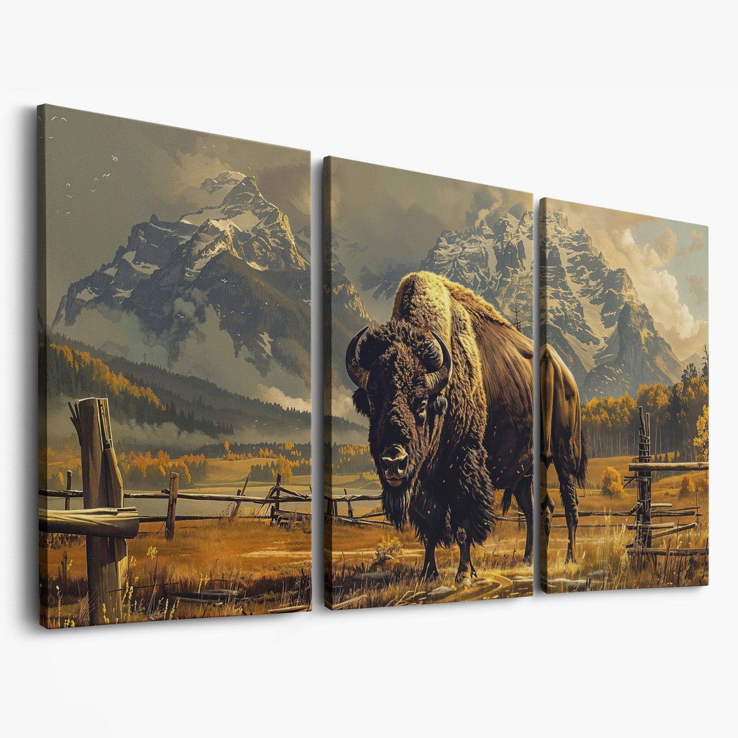 Bison in the Field, Snowy Mountains Canvas Wall Art as 3-panel split version