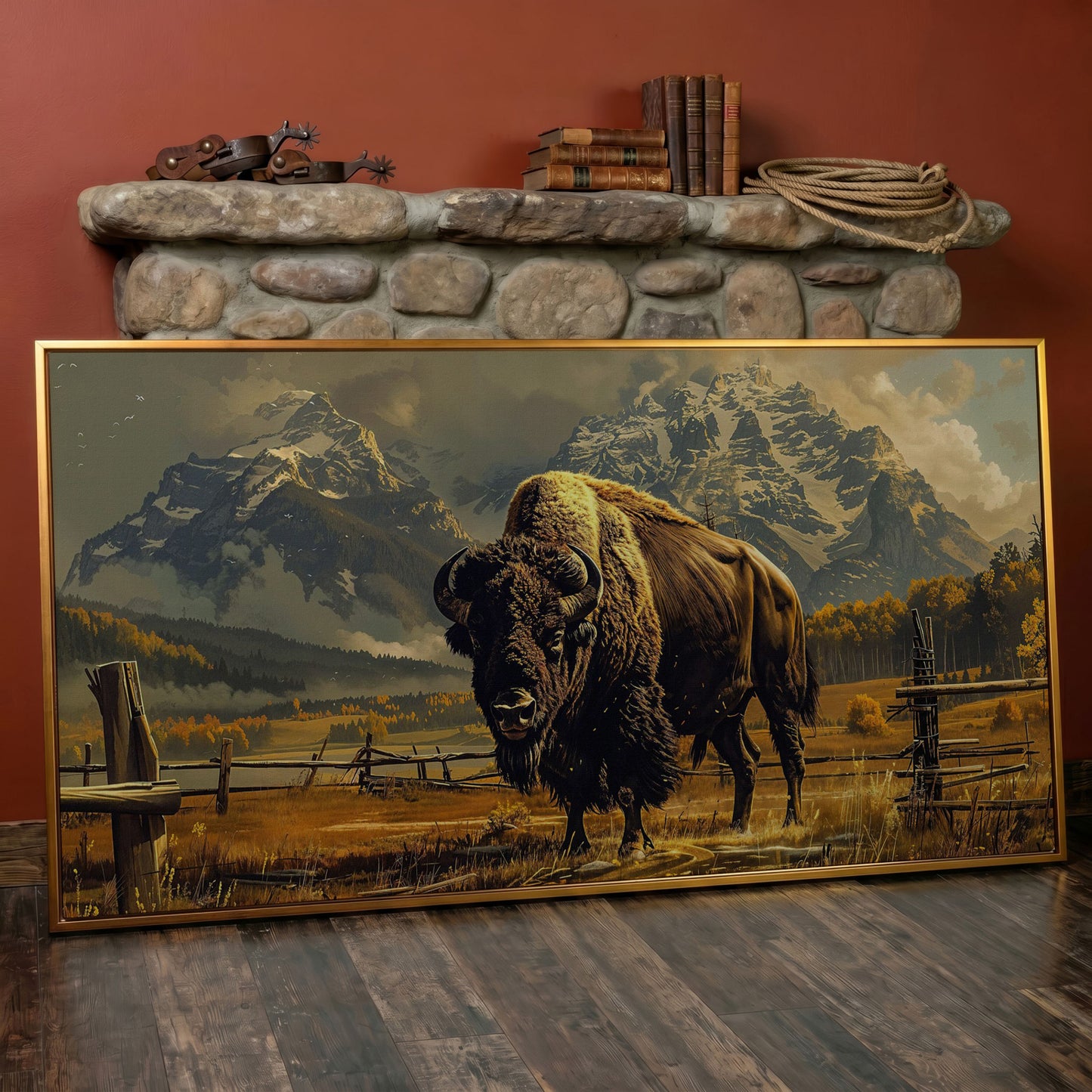 Bison in the Field, Snowy Mountains Canvas Wall Art in antique gold floating frame