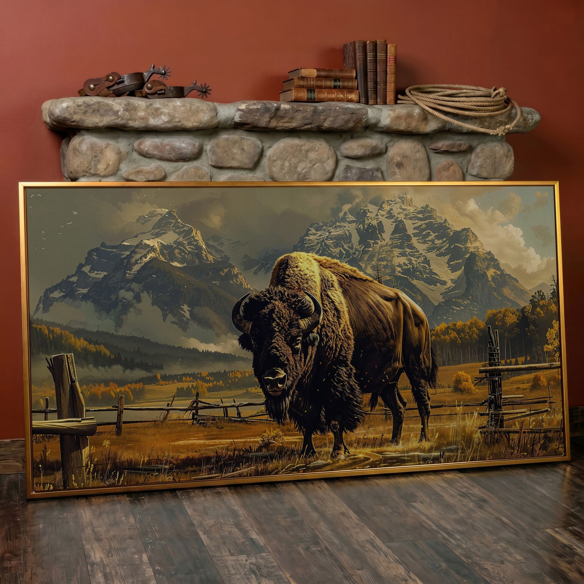 Bison in the Field, Snowy Mountains Canvas Wall Art in antique gold floating frame