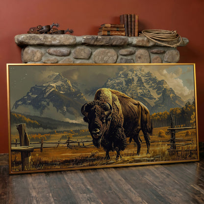 Bison in the Field, Snowy Mountains Canvas Wall Art in antique gold floating frame