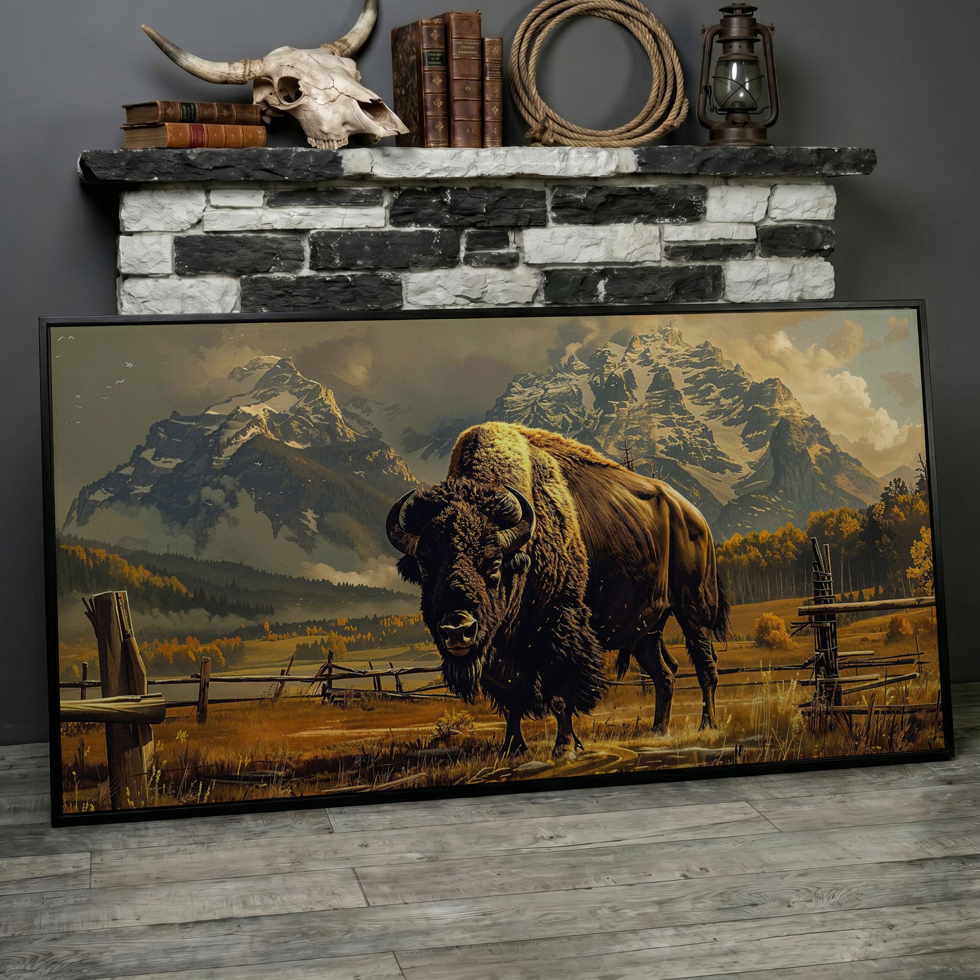 Bison in the Field, Snowy Mountains Canvas Wall Art in black floating frame