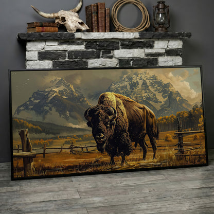 Bison in the Field, Snowy Mountains Canvas Wall Art in black floating frame
