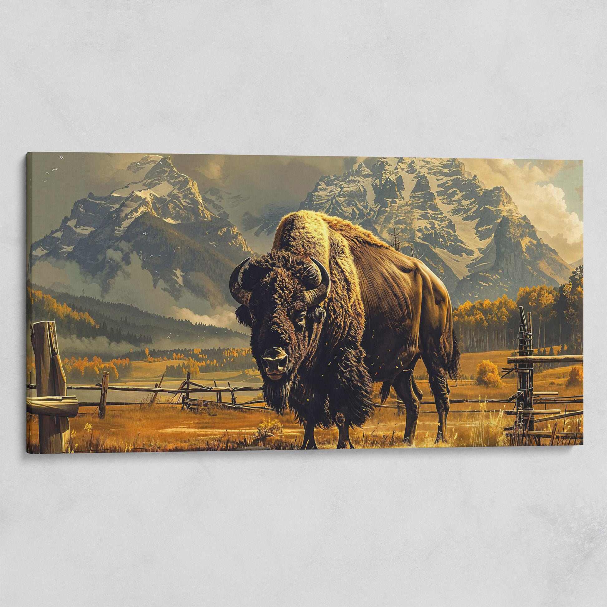 Bison in the Field, Snowy Mountains Canvas Wall Art on gallery wrap