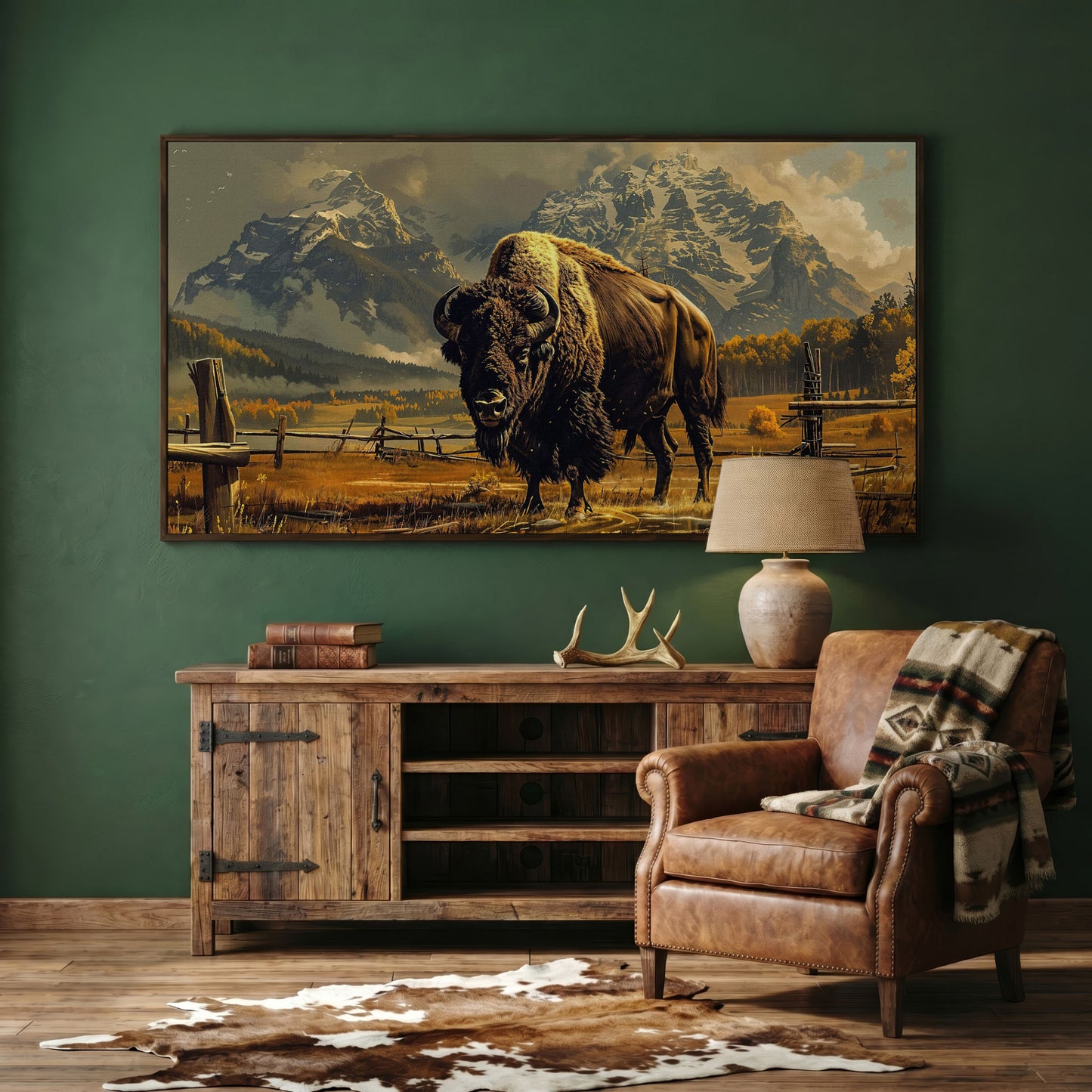 Bison in the Field, Snowy Mountains Canvas Wall Art in dark walnut floating frame