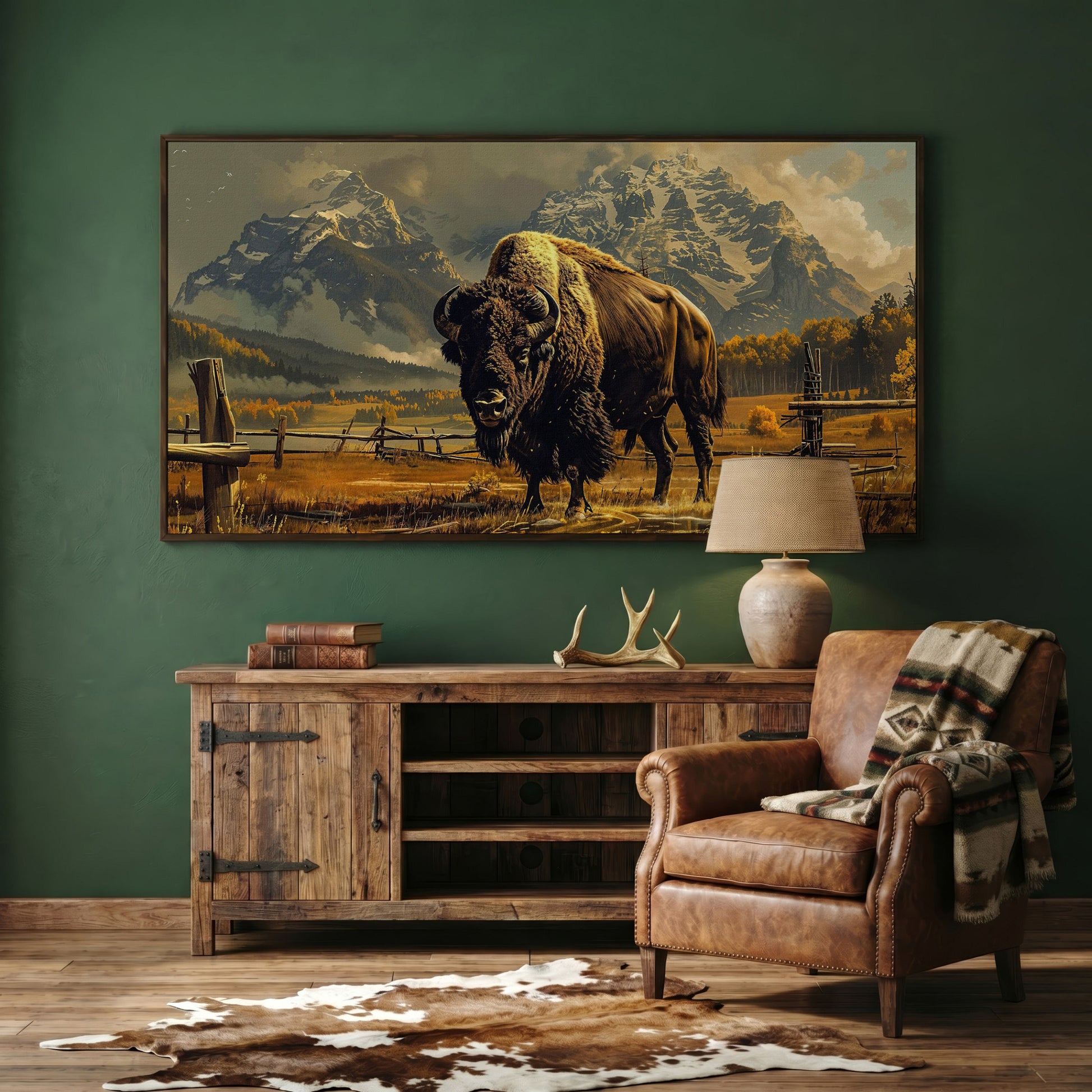 Bison in the Field, Snowy Mountains Canvas Wall Art in dark walnut floating frame