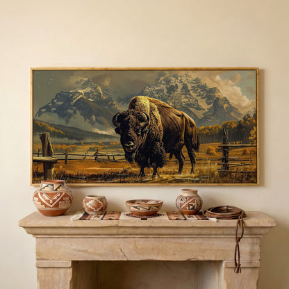 Bison in the Field, Snowy Mountains Canvas Wall Art in white oak floating frame
