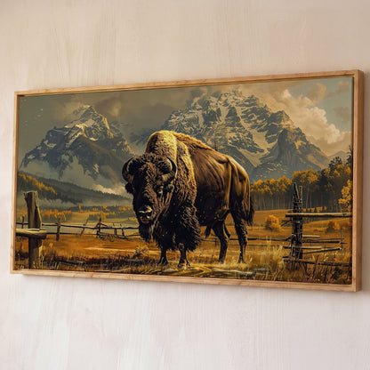 Bison in the Field, Snowy Mountains Canvas Wall Art shown in white oak floating frame