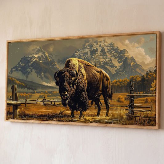 Bison in the Field, Snowy Mountains Canvas Wall Art shown in white oak floating frame