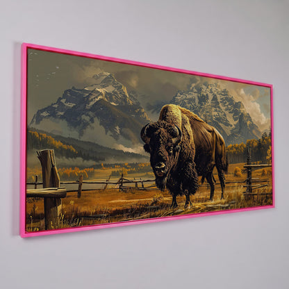 Bison in the Field, Snowy Mountains Canvas Wall Art in pink floating frame