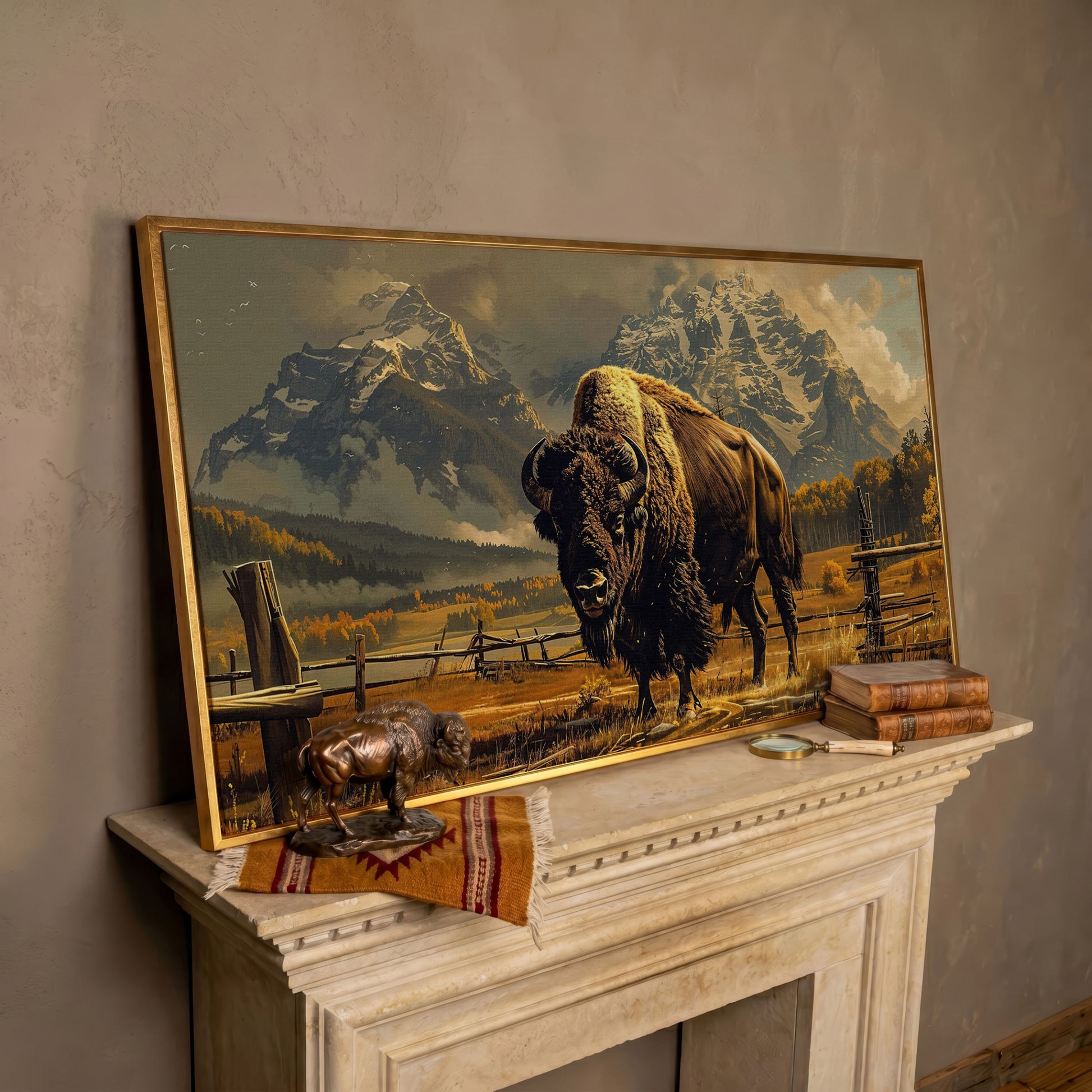 Bison in the Field, Snowy Mountains Canvas Wall Art in rose gold floating frame