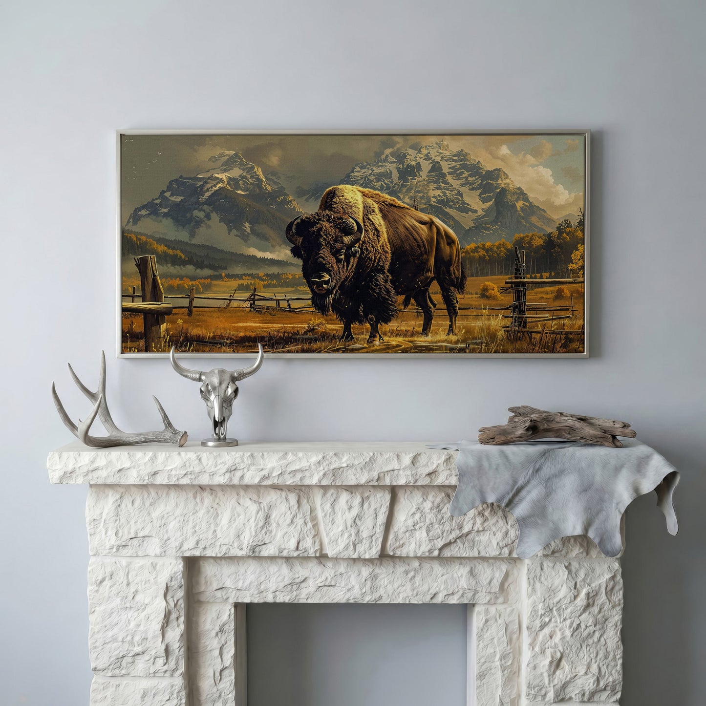 Bison in the Field, Snowy Mountains Canvas Wall Art in silver floating frame
