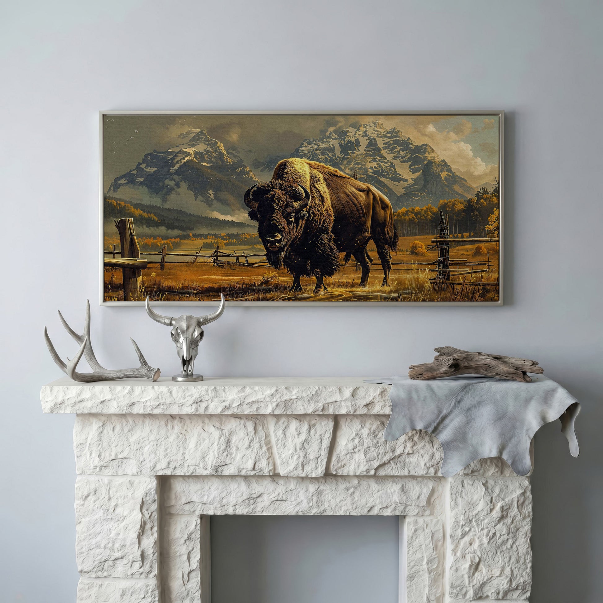 Bison in the Field, Snowy Mountains Canvas Wall Art in silver floating frame