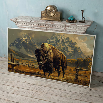 Bison in the Field, Snowy Mountains Canvas Wall Art in white floating frame