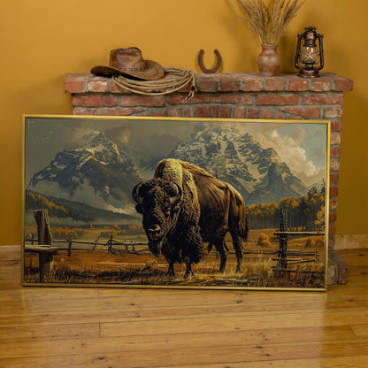 Bison in the Field, Snowy Mountains Canvas Wall Art in yellow gold floating frame