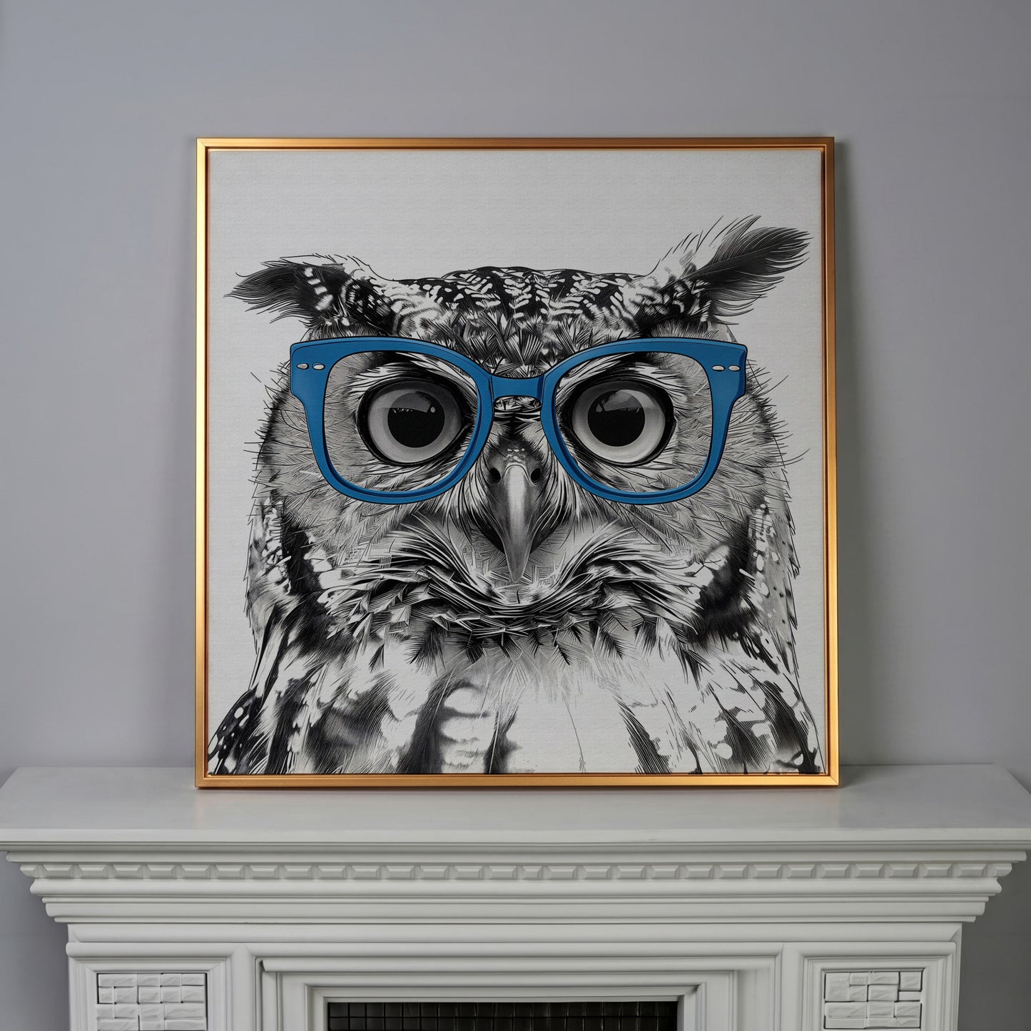 Blue Glasses Owl Canvas Wall Art in antique gold floating frame