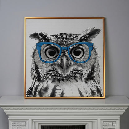 Blue Glasses Owl Canvas Wall Art in antique gold floating frame