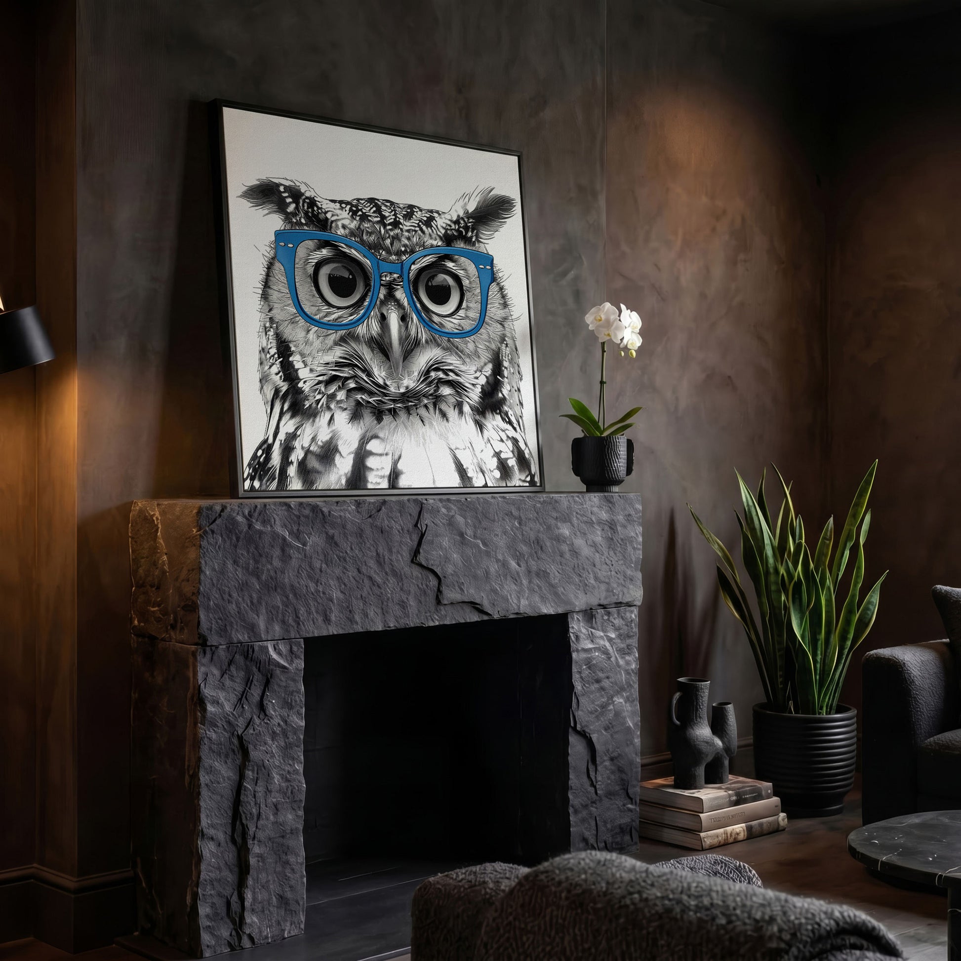 Blue Glasses Owl Canvas Wall Art in black floating frame