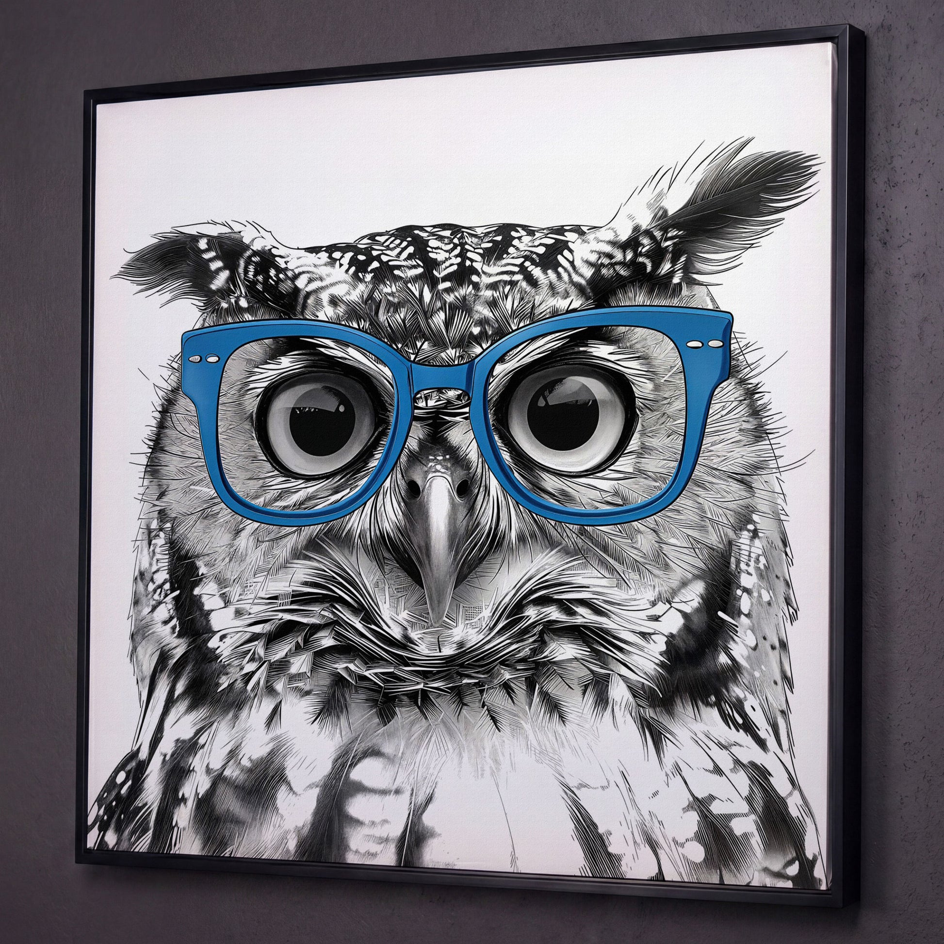 Blue Glasses Owl Canvas Wall Art shown in black floating frame