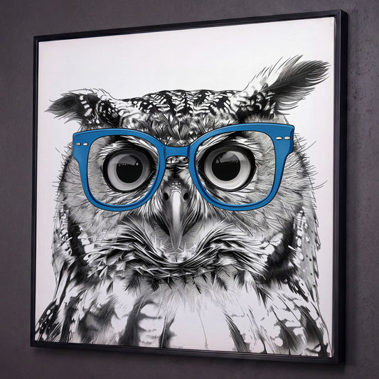 Blue Glasses Owl Canvas Wall Art shown in black floating frame
