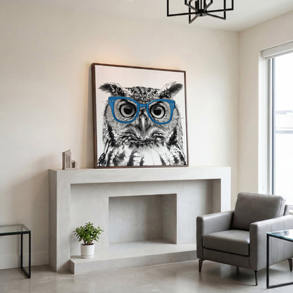 Blue Glasses Owl Canvas Wall Art in dark walnut floating frame