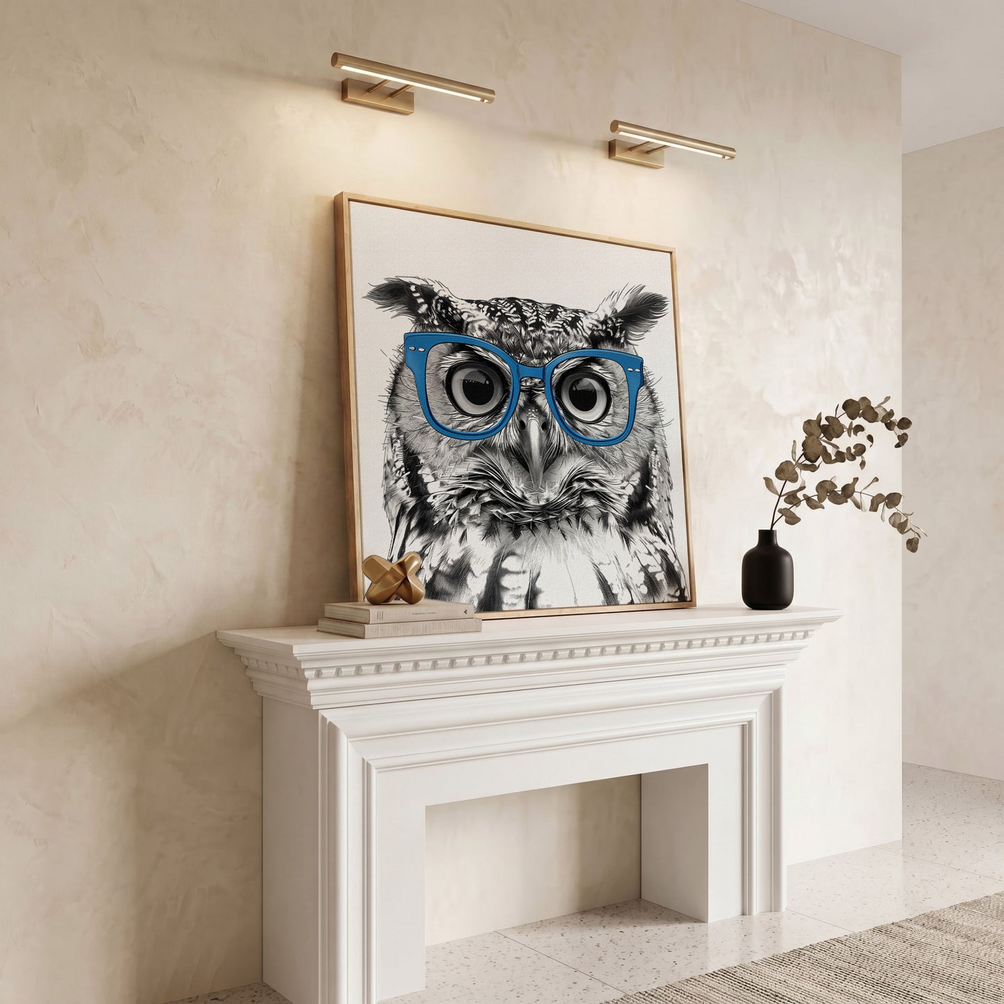 Blue Glasses Owl Canvas Wall Art in white oak floating frame
