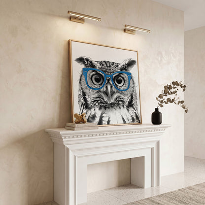 Blue Glasses Owl Canvas Wall Art in white oak floating frame