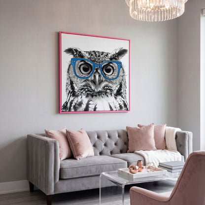 Blue Glasses Owl Canvas Wall Art in pink floating frame