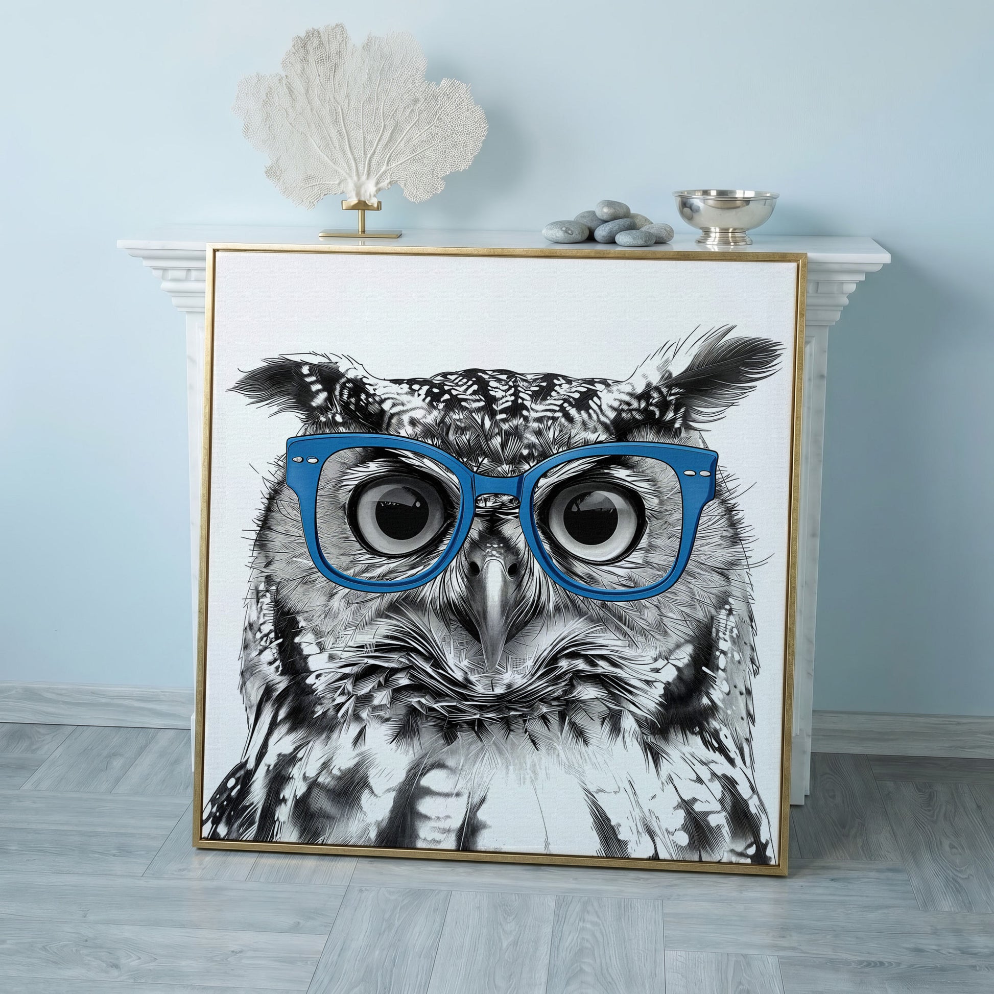 Blue Glasses Owl Canvas Wall Art in rose gold floating frame