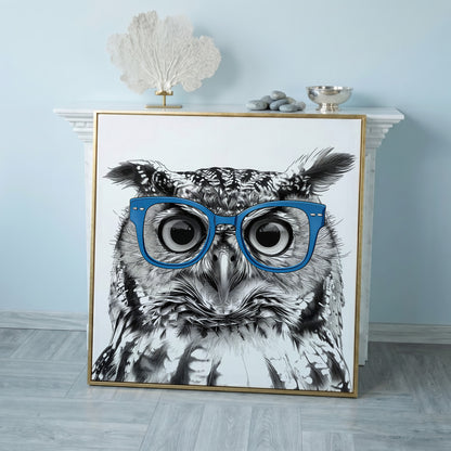 Blue Glasses Owl Canvas Wall Art in rose gold floating frame