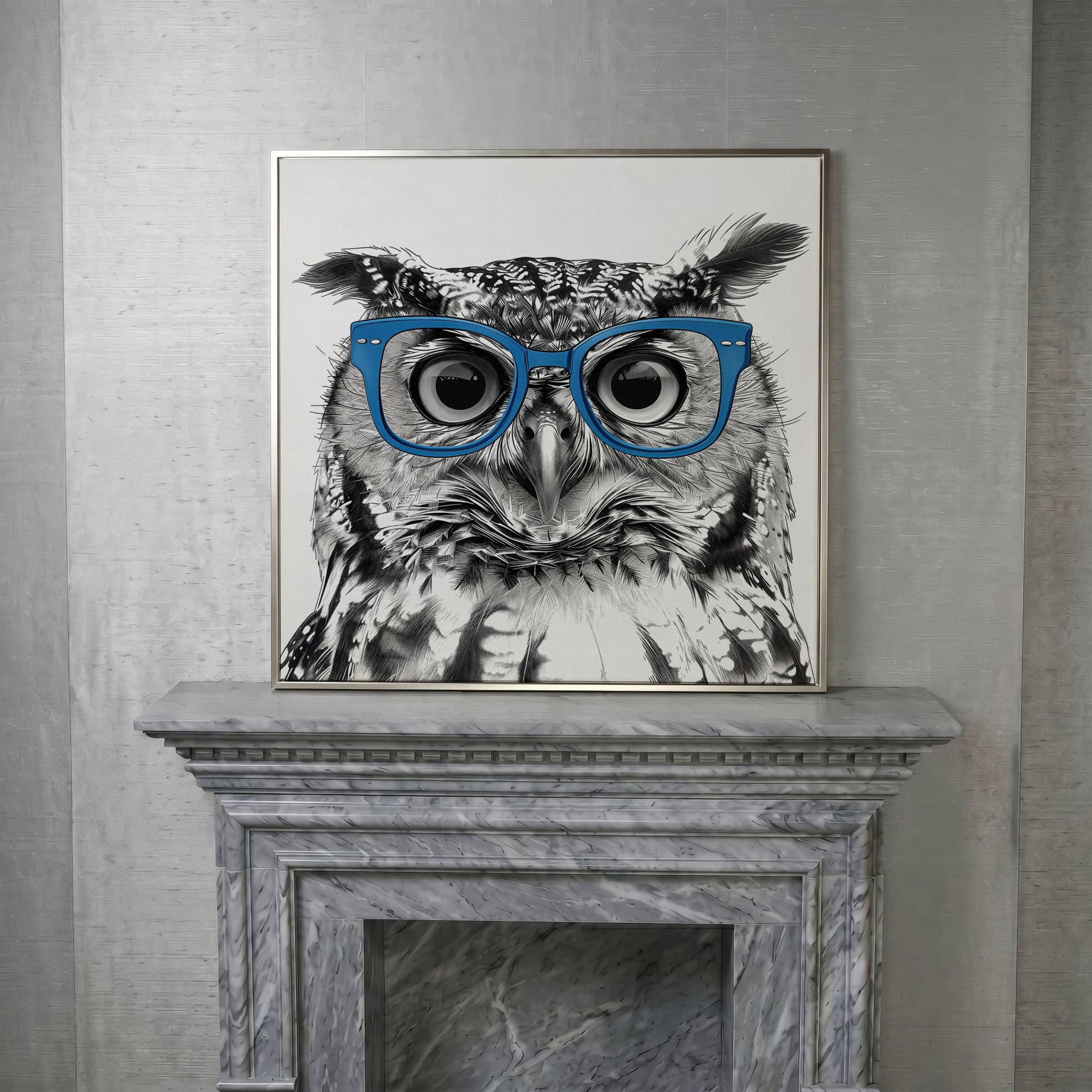 Blue Glasses Owl Canvas Wall Art in silver floating frame