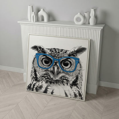 Blue Glasses Owl Canvas Wall Art in white floating frame