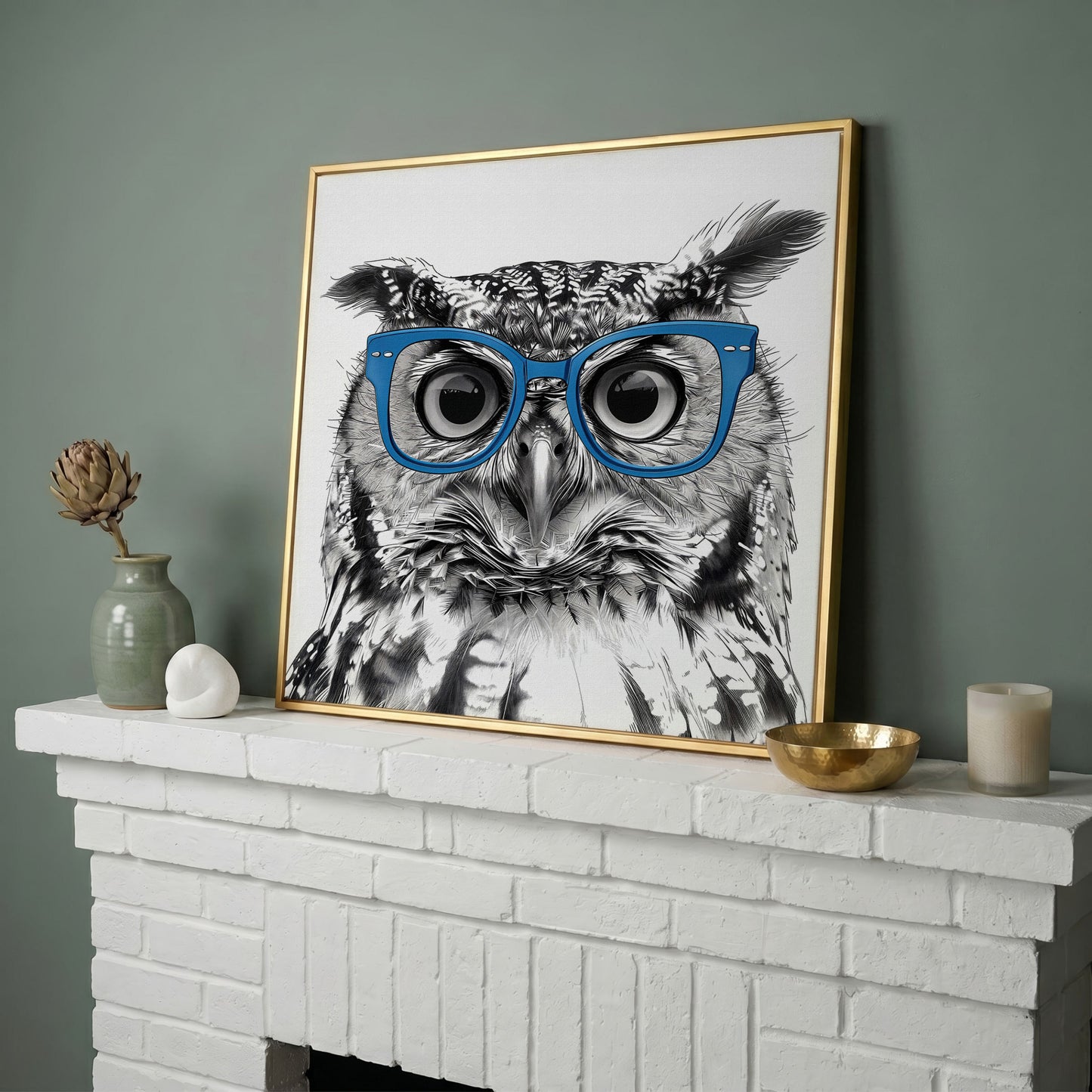 Blue Glasses Owl Canvas Wall Art in yellow gold floating frame