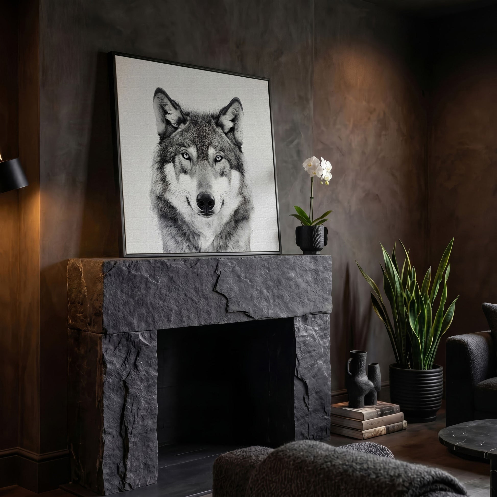 Grey Wolf Square Canvas Print in black floating frame