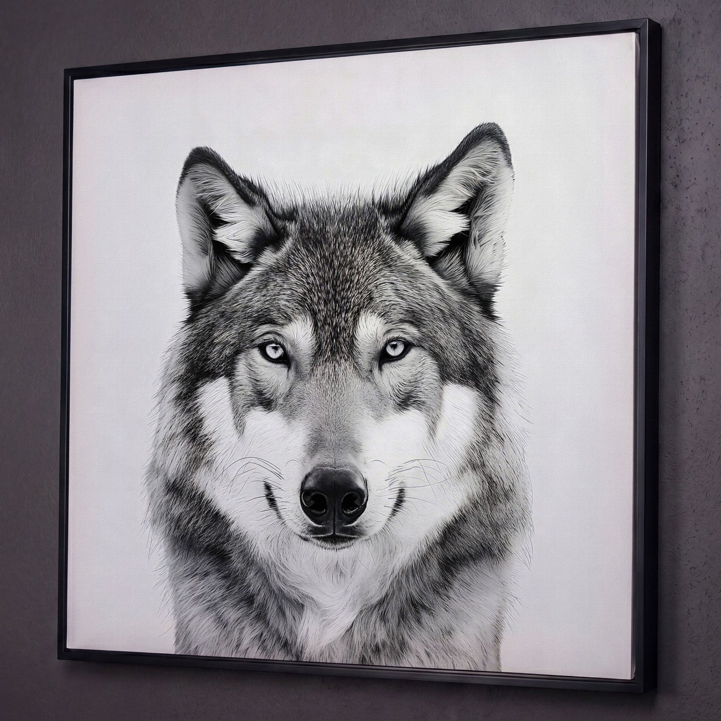 Grey Wolf Square Canvas Print shown in black floating frame