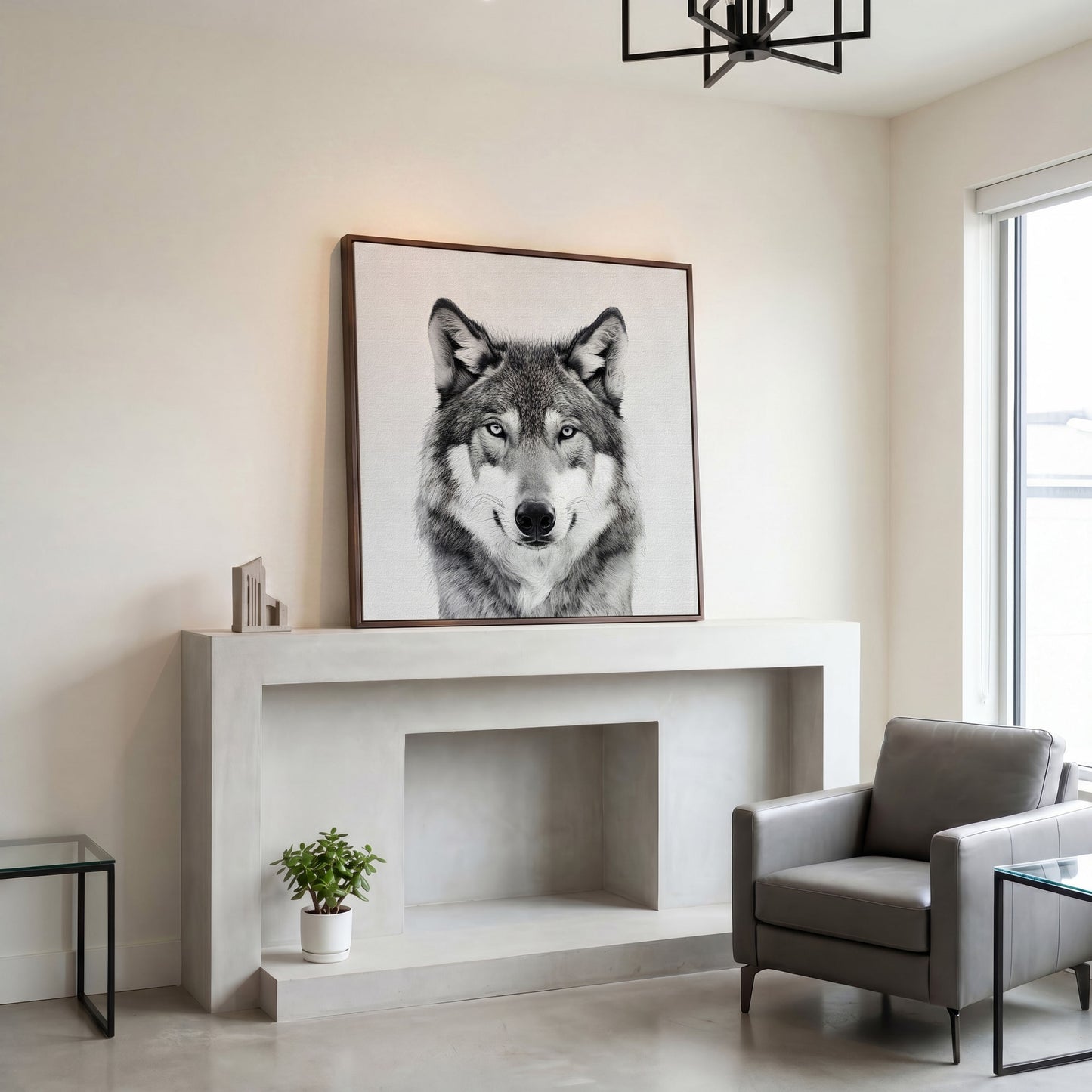 Grey Wolf Square Canvas Print in dark walnut floating frame