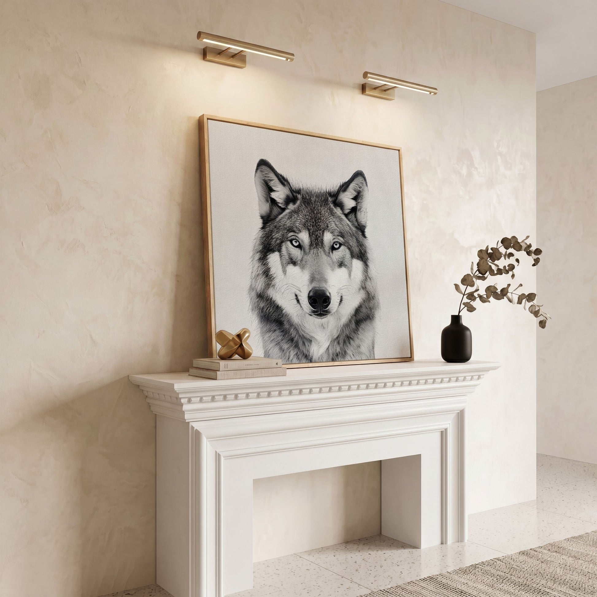 Grey Wolf Square Canvas Print in white oak floating frame