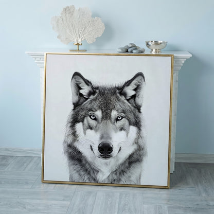 Grey Wolf Square Canvas Print in rose gold floating frame