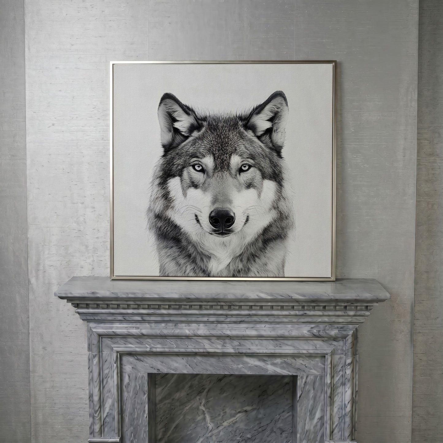 Grey Wolf Square Canvas Print in silver floating frame