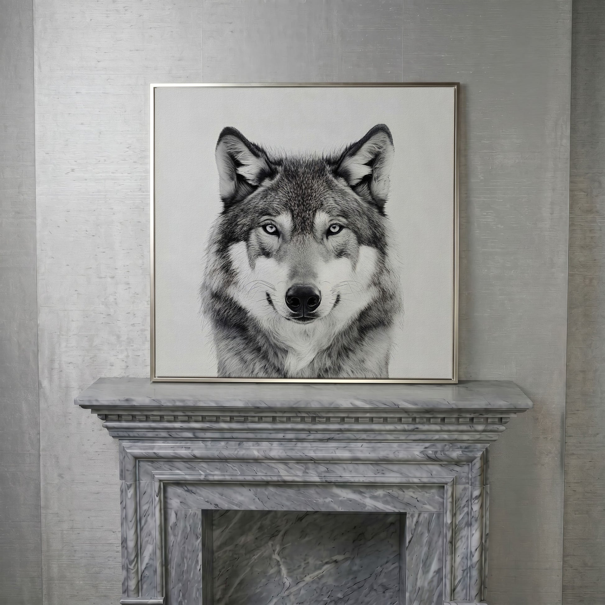 Grey Wolf Square Canvas Print in silver floating frame