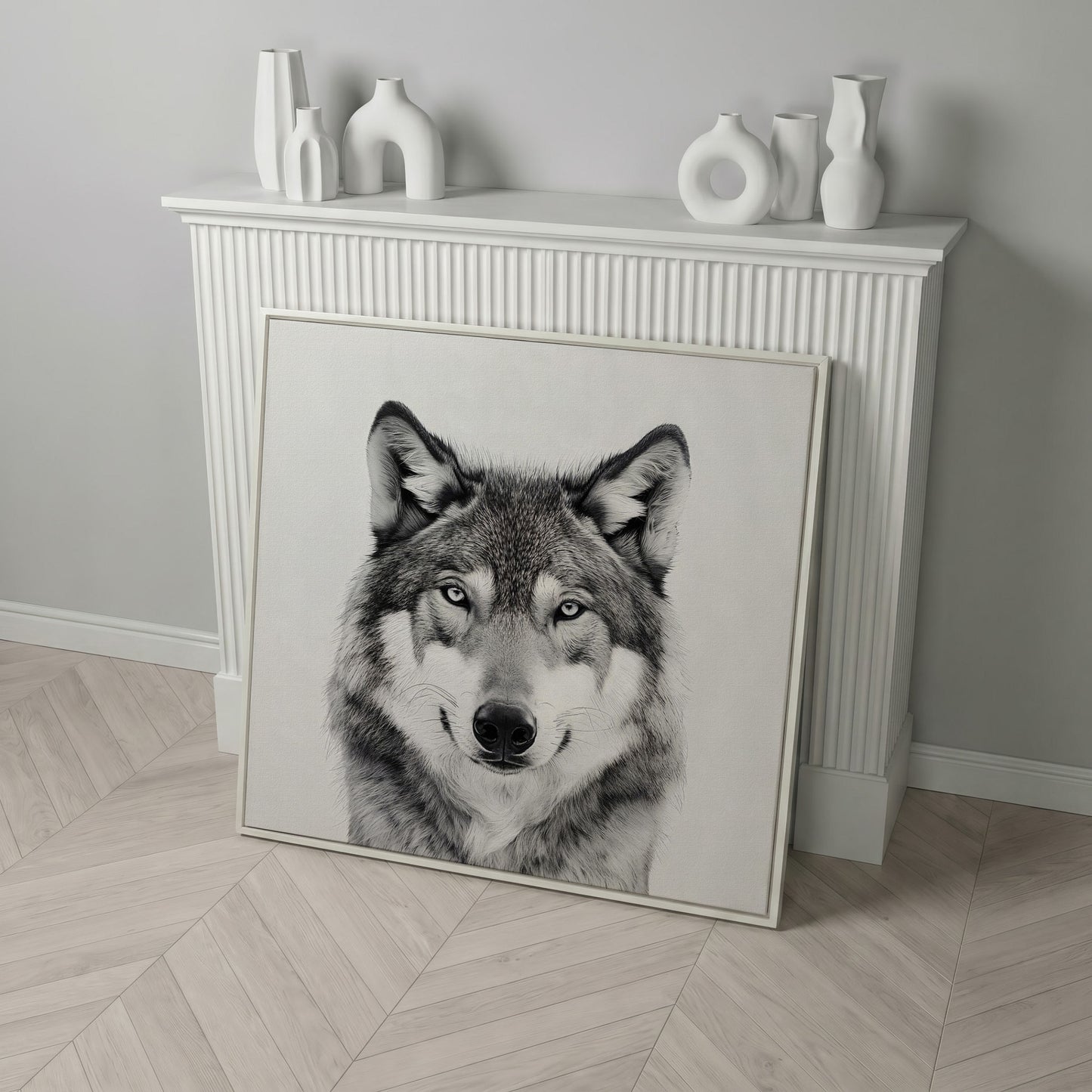 Grey Wolf Square Canvas Print in white floating frame