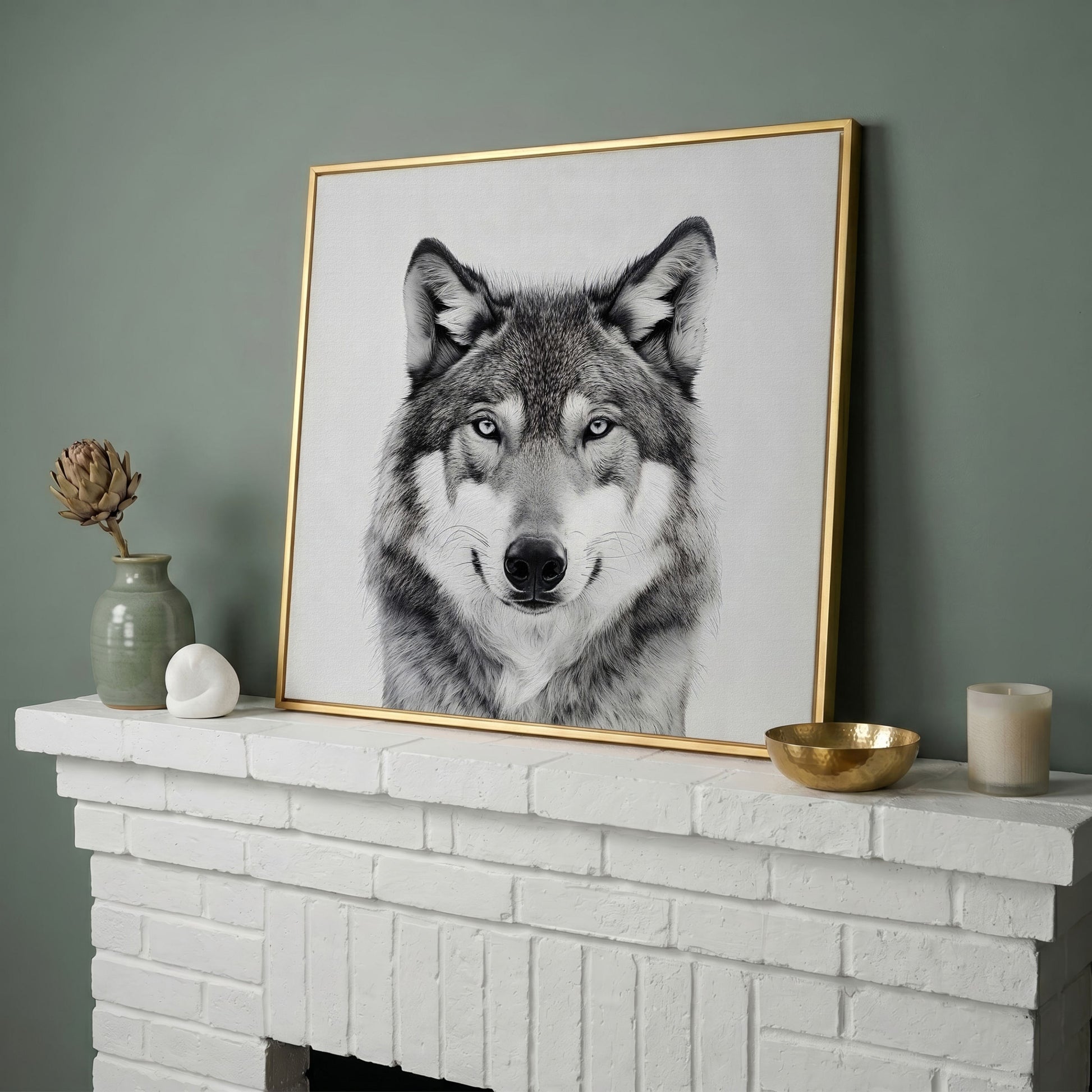 Grey Wolf Square Canvas Print in yellow gold floating frame