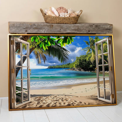 Coastal Window View Canvas Print in antique gold floating frame
