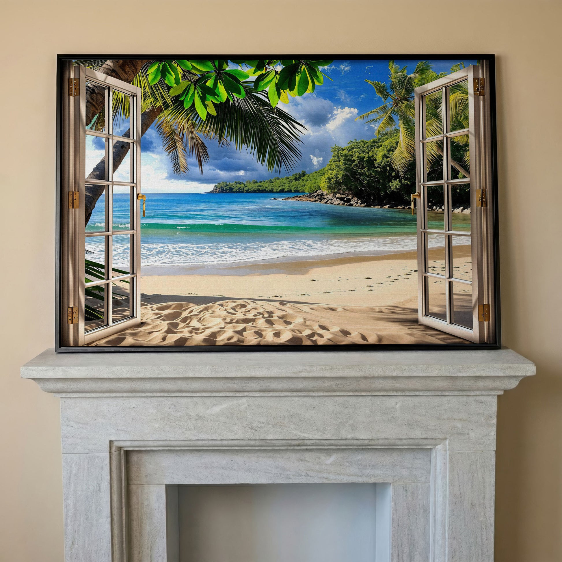 Coastal Window View Canvas Print in black floating frame