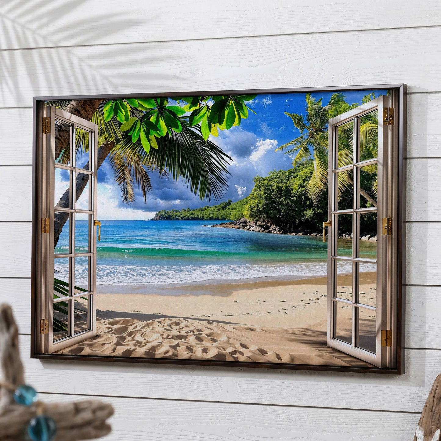 Coastal Window View Canvas Print in dark walnut floating frame