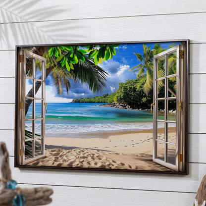 Coastal Window View Canvas Print in dark walnut floating frame