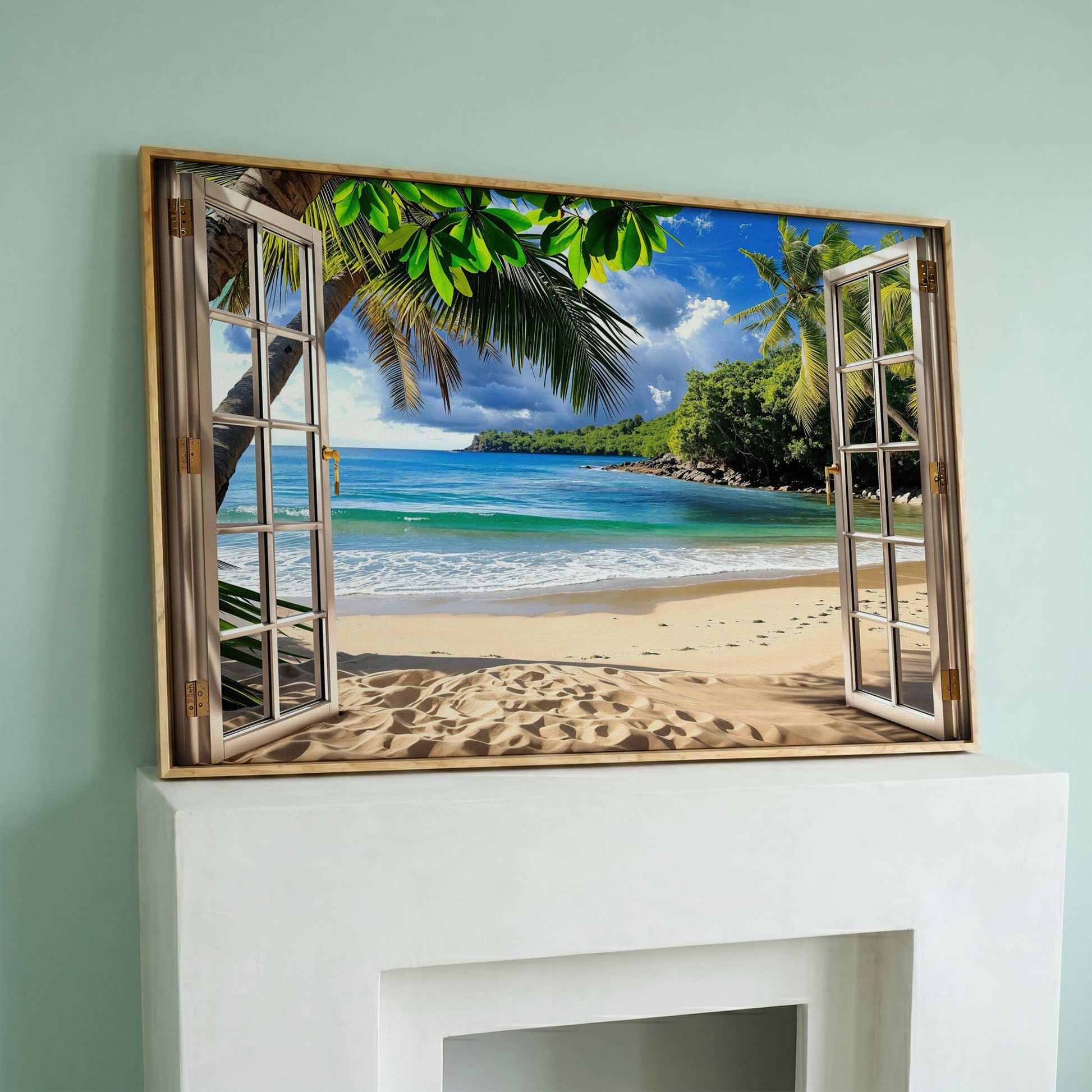 Coastal Window View Canvas Print in white oak floating frame