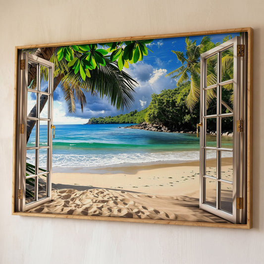 Coastal Window View Canvas Print shown in white oak floating frame